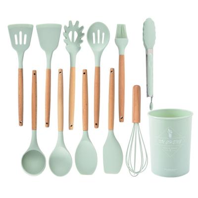 China Viable Kitchen Silicone Cookware Set With Wooden Spatula Tong Slotted Spoon Turner Holder Handle Kitchen Tools for sale