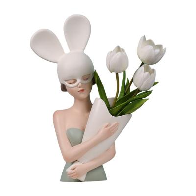 China Bunny Girl Flower Arrangement Resin Artistic Creative Bouquet Ornaments Decoration Home Crafts for sale