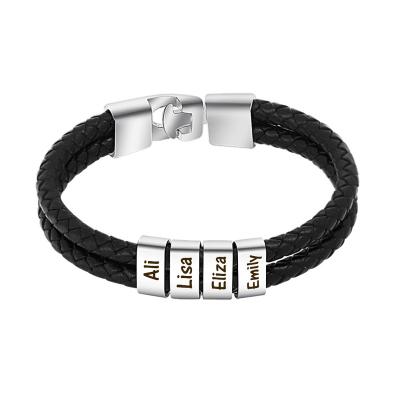 China FASHIONABLE Custom Name Letter Made Stainless Steel Bracelet With Black Leather Rope Mens Bracelet for sale