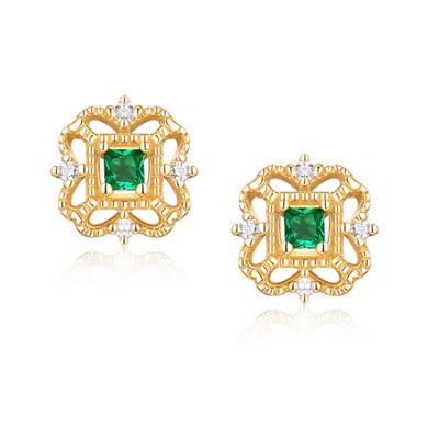 China Trendy 925 Sterling Silver Plated With 9k Gold Earring Jewelry Fashion Gift For Women Zircon Style Green Ear Stud Retro for sale