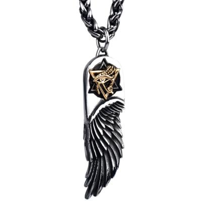 China Punk Men Cool Punk Eye of Horu Pendant Necklace Fashion Jewelry Hip Hop Stainless Steel Feather Shape for sale