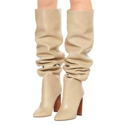 China Height Increasing Fashion Designed Leopard Women Pleated Knee Boots High Top Chunky Heel Boots for sale