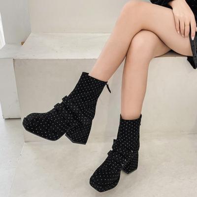 China Height Increasing Handmade Square Toe Polka Dot Women Ankle Boots Fashion Short Boots For Girls Big Size 43 for sale