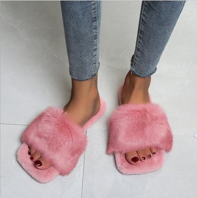 China Fashion Trend Cute Square Toe Fluffy Fur Women Slippers Flat Slides Shoes Ladies Summer Casual Shoes for sale