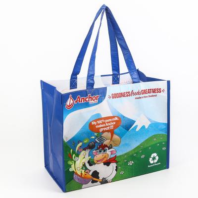 China Eco-Friendly Wholesale Cheap Blue Cow Print Reusable Tote Shopping Bags With Matt Or Glossy Lamination for sale