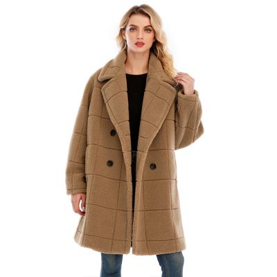 China Anti-wrinkle Women Plaid Pattern Faux Fur Coat Winter Warm Outerwear Jackets With Pockets Toffee for sale