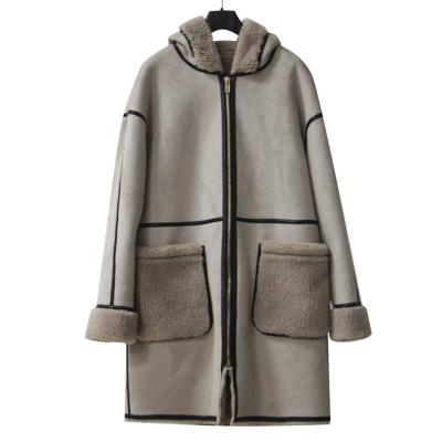 China Durable Double Sided Faux Fur Jacket For Women Warm Shepherd Coat And Sueded Coat Greyish White Beige Color JHL014 for sale