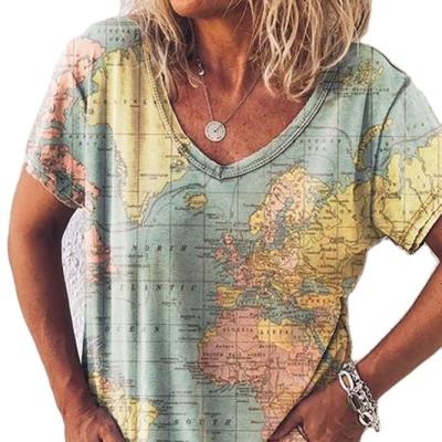 China Anti-wrinkle summer v-neck plus size map printed designers t-shirt women sehe fashion for sale