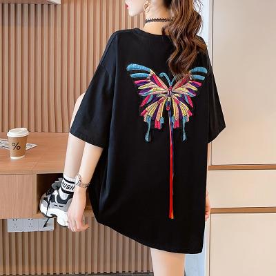 China Anti-wrinkle Summer Leisure Loose Oversized Butterfly Embroidered Round Neck Top Women's Short Sleeve T-Shirt for sale