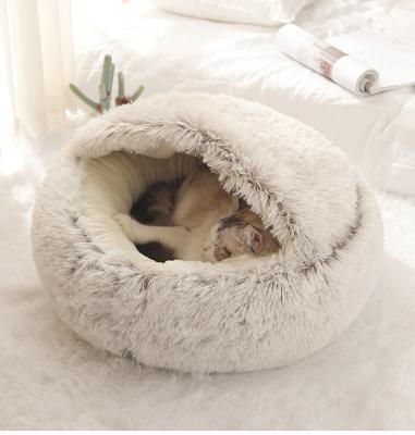 China Partially Enclosed Cat Round Plush Bed Cat Nest Comfortable Small Pet New Travel Dog Bed for sale