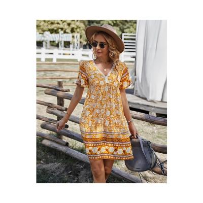 China Anti-Static Manufacturers Selling Best V Neck Bohemia Print Dress Shorts Sheath Slim Dresses For Ladies for sale