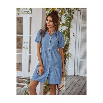 China New Hot Selling Button Shirt Dress Anti-Static Trendy Solid A-Line V-Neck Casual Shirt Dress For Ladies for sale