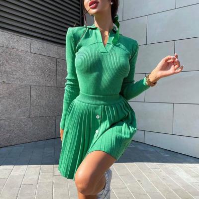 China Breathable Solid Knitted Elegant Casual Slim Women Pleated Skirts Suits Women Sweater Suit Buttons Suits for sale