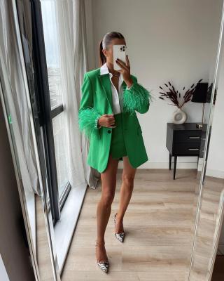 China Breathable Fashion Single Breasted Blazers Suits Women Elegant Green Feather Suit Women A Line Split Mini Skirts Suits Ladies for sale