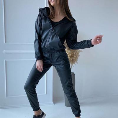 China QUICK DRY Leather Women's Stylish PU Cardigan Sweatshirts Suits Suits Women's Casual Loose Long Pants Suits Ladies for sale