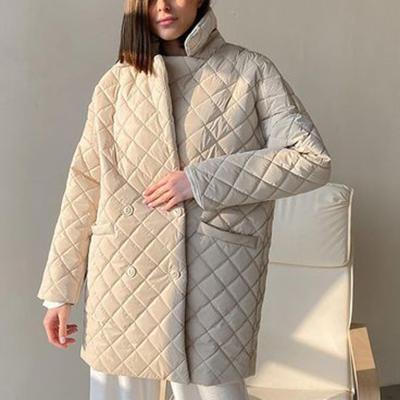 China Breathable Spring Autumn New Parkas Women Fashion Buttons Argyle Coat Women Elegant Turn Down Collar Cotton Jacket Female for sale