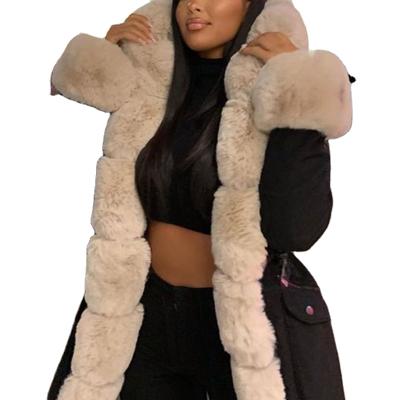 China Elegant Women's Drawstring Cotton Jackets Coats Womens Hooded Faux Fur Patchwork Parkas Winter Outerwear Long for sale