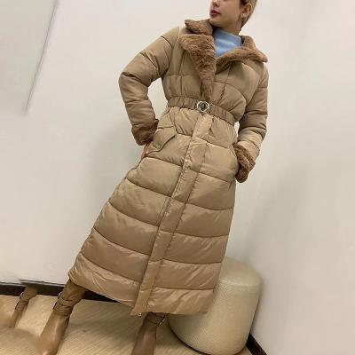 China New Fashion Plush Patchwork Parkas Breathable Women Waisted Gathered Stylish Coated Women Notched Long Cotton Jackets Ladies for sale