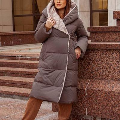 China Breathable Fashion Button Lambskin Women Winter Cotton Warm Hooded Elegant Long Covered Jackets for sale