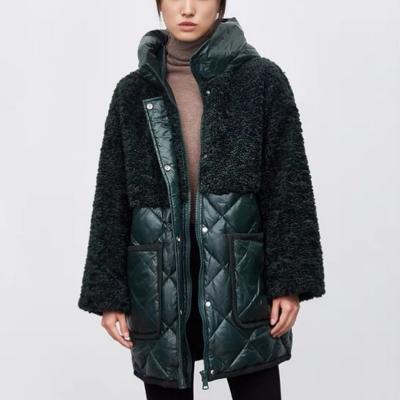 China Anti-wrinkle parkas thick hooded women coats elegant mid length lamb fur patchwork cotton jackets ladies for sale