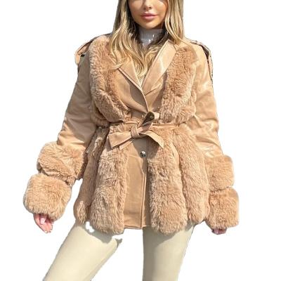 China Fashion Breathable Winter Jackets Women Thin Notched Elegant Link Belt Coated Women Faux Fur Patchwork PU Leather Jackets Ladies for sale