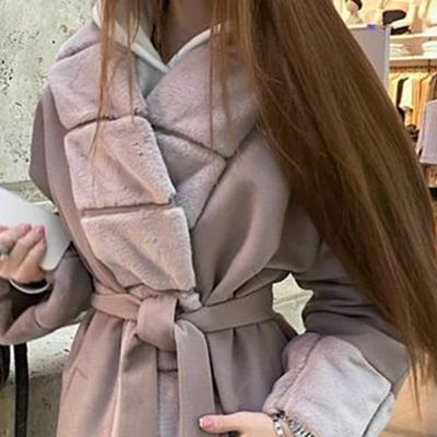 China Anti-Wrinkle Winter Faux Fur Warm Patchwork Wool Coats Women's Long Jackets Slim Coats Ladies Elegant Tie Belt for sale