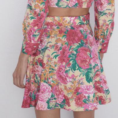 China Breathable Floral Print Women Fashion A Line Mini Elegant Tie Blet Waist Skirts for sale