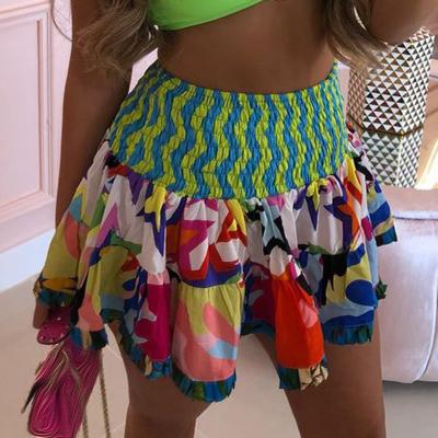 China Breathable Printed Skirts Women Fashion Waisted Summer Pleated Gathered Mini Skirts for sale