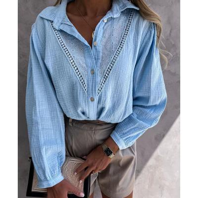 China Breathable Loose Turn Down Collar Blouses Women Fashion Single Breasted Shirt Hollow Out Long Sleeve Tops for sale