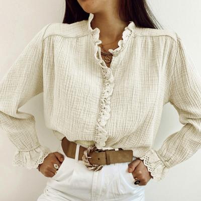 China Anti-pilling Embroidery Loose O Neck Women Shirts Folds Solid Long Sleeve Tops for sale