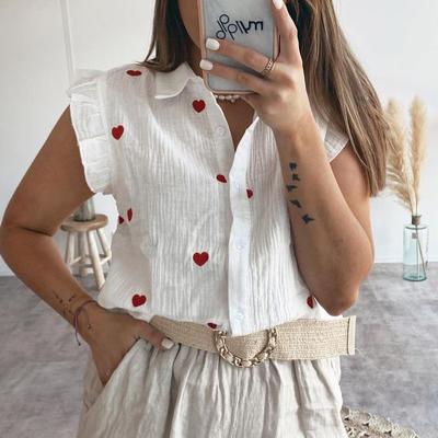 China Anti-Wrinkle Turn Down Soft Collar Blouses Women Fashion Sleeveless Shirts Women Summer Elegant Embroidery Tops Feminine Ladies for sale