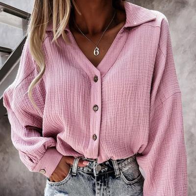 China Loose Breasted Women Single Solid Blouses Anti Pilling Turn Down Collar Lady Shirts for sale