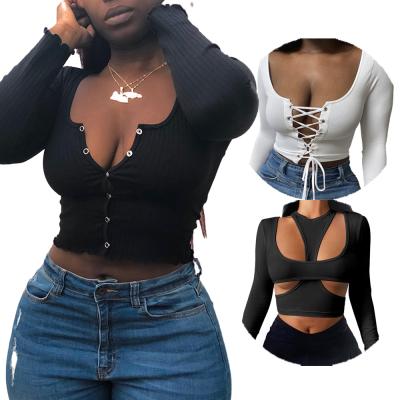 China Anti-pilling new fashion autumn ladies tops crop top blouses women's long sleeve multi-color solid bandage collar shirts for sale