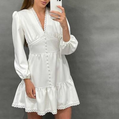 China Breathable V Neck Mini Dresses Women Fashion Lace Breathable Solid Dress Gathered Waisted Dresses for sale