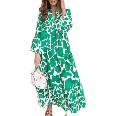 China Spring Breathable V-Neck Dresses Women Fashion Autumn Flare Sleeve Dress Women Elegant Ankle Length Dresses for sale