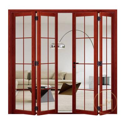 China Modern Most Popular Art Glass Folding Door With Glass Door Wood Grain Aluminum Grille For Front for sale