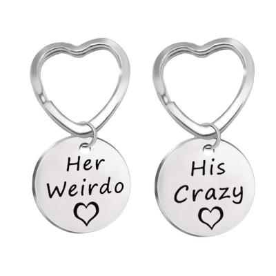 China Loving Metal Heart Fashion Jewelry Couples Friends Key Chain Engraved Her Crazy Her Original Stainless Steel Keychain for sale