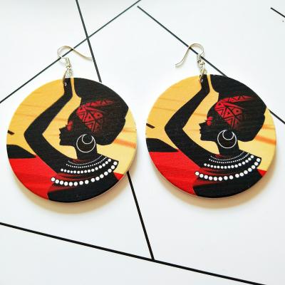 China BOHEMIA Women's 60mm Ethnic Wooden Earrings African Wood Print Drop Earrings Wooden Earrings Wholesale for sale