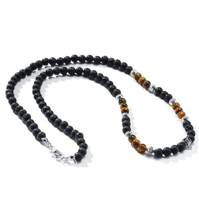 China Romantic Black Crater Stone Beads Tiger Eye Necklace Men Tribal Necklaces Ethnic Surfer Mens Gift Necklace for sale