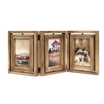 China Wooden Picture Frame 4x6 Rustic Wood Hinged Triple Folding Picture Frame Collage Photo Glass Picture Frame for sale