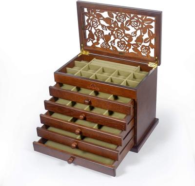 China (Other) Wholesale Adjustable Luxury Classic Style Dark Brown Gray Velvet Real Wooden Jewelry Box Case for sale