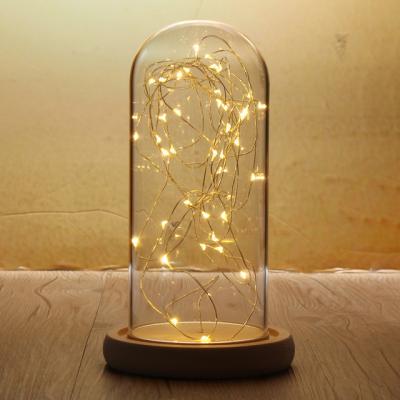 China Modern Fairy LED Lights Table Lamp +40 Lamp Heads Starry String Lights 9x20cm Dome Night Light Glass Cloche Wooden Bottom for sale