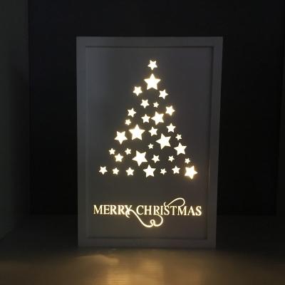 China Indoor Decoration Christmas Laser Cutting Wooden Photo Frame Decoration With LED Light for sale