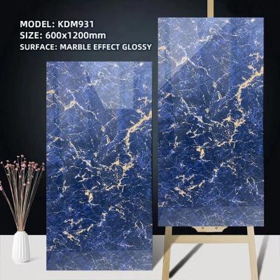 China Modern Blue Glossy Marble Floor Wall Tiles 600x1200mm Ceramic Polished Tile For Living Room for sale