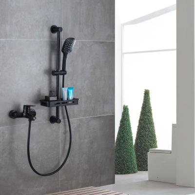 China Brass cold&hot water bathroom set quality 2 function black wall mounted shower sliding bar shower being set with plastic shelf for sale