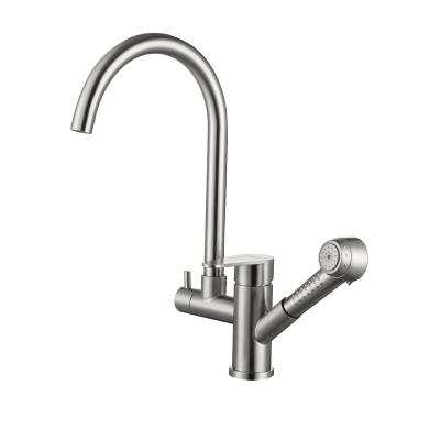 China Household 304 Stainless Steel Spray 2 Function Modern Kitchen Sink Faucet Single Hole Double Handle Pull Out Sprayer Kitchen Faucets for sale