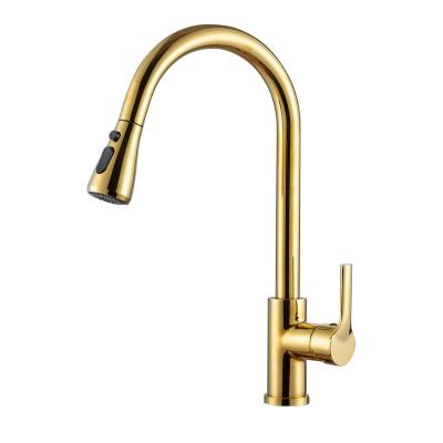 China Pull Out Spray Modern Luxury Kitchen Pull Down Faucet Cold Hot Water Mixer Multifunction Brushed Gold Kitchen Faucet for sale