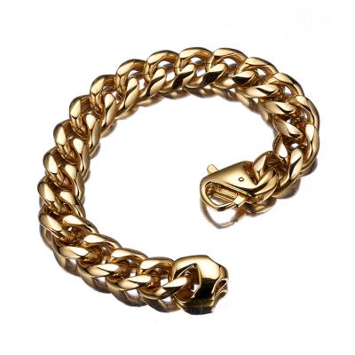 China Hiphop Hip Hop Jewelry 18K Gold Plated Cuban Link Bracelet 316L Stainless Steel 15mm Restrictor Bracelet For Men's Jewelry 7-11inch for sale