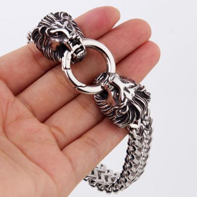 China Hiphop The Hottest Double Chain Lion Head Silver Stainless Steel Chunky Franco Heavy Cuban Link Bracelet For Men for sale