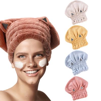 China Hot Selling Cute QUICK DRY Cat Hair Drying Turban Coral Microfiber Towel Hat Hair Dryer Polyester Wrap QUICK DRY Velvet 25*26cm for sale